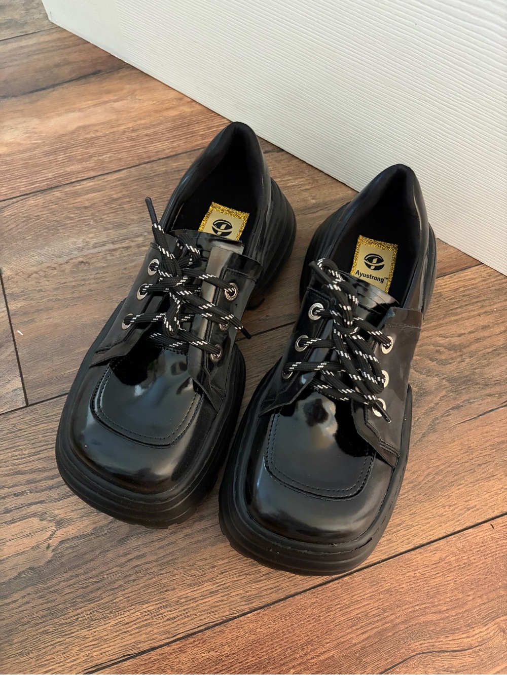 Ayustrong Black Patent Platform Square Toe Lace Up Shoes Goth Y2K Chunky Stacke